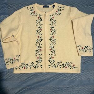 Karen Scott Cream Zip-Front Cardigan with Floral Embroidery